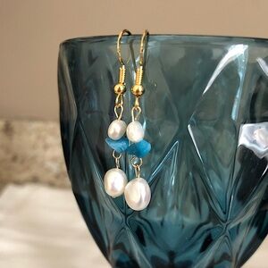 Natural turquoise & freshwater pearl 14k gold filled drop earrings